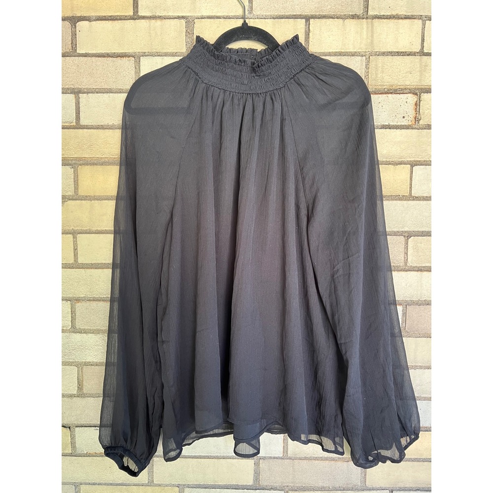 Joie Black Smocked High Neck Sheer Balloon Sleeve Lined Chiffon Blouse Size XL